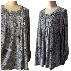 Black and White Paisley Floral Pintuck Popover Tunic Top Size 2X
